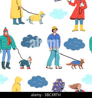 Bei schlechtem Wetter gehen Menschen mit Hunden. Ein Spaziergang mit einem Hund im Herbst und Winter im Regen an einem kalten Tag. Nahtloses Vektormuster. Stock Vektor