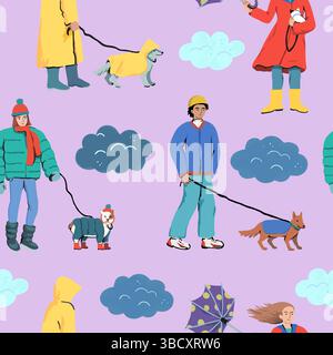 Bei schlechtem Wetter gehen Menschen mit Hunden. Ein Spaziergang mit einem Hund im Herbst und Winter im Regen an einem kalten Tag. Nahtloses Vektormuster. Stock Vektor