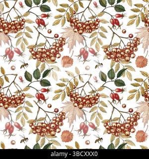 Nahtloses Herbstmuster mit Eberesche und verschiedenen floralen Herbstelementen. Handgemachte Aquarellillustration. Farbbild. Für Verpackung, Dekor, Textur Stockfoto