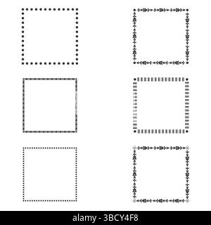 Gepunkteter quadratischer Rahmen. Kreisförmige Punktform. Geometrische Vektorbegrenzung. Einfache schwarze Kontur. Stock Vektor