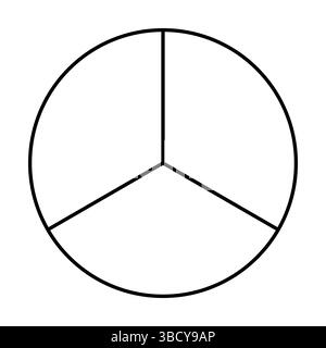 Drei Segmente, geteilter Kreis. Minimalistisches schwarzes Liniendiagramm. Torte, Pizza, runde Form, 3 Scheiben. Stock Vektor