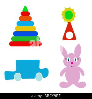 Buntes Spielzeugset. Stapelpyramidenspiel. Pinke Hasenfigur. Vektorabspielung. Stock Vektor
