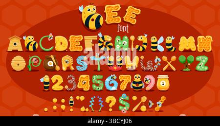 Honigbienenschriftart, Bienenzuchtschriftart, Bienenart, englisches Zeichentrickalphabet mit Bienenmotiven, Zahlen und Schildern mit Bienenelementen. Vektor verspielte abc-Charaktere, Honiggläser und Blumen Stock Vektor