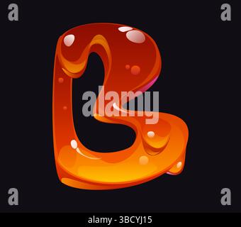 Leckere Honigcartoon Schriftart Buchstabe B. leckere Süßigkeiten englischer Alphabet Buchstabe, süßer Bernstein Fluss Cartoon Vektor ABC Schriftart Element. Gelbes Karamell-Schriftzeichen oder Symbol für Flüssighonig Stock Vektor