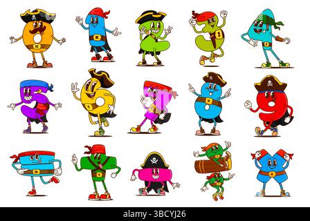 Cartoon-groovige Mathe-Nummer Piraten und Korsair-Charaktere mit Hüten und Bandanas. Vektor-Retro-Hippie-Mathematik-Figuren von Zahlenpiraten und Mathe-Symbol-Korsaren. Groovige arithmetische Filibuster Stock Vektor