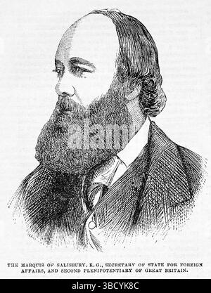 Porträt von Robert Arthur Talbot Gascoyne-Cecil, 3. Marquess of Salisbury, Secretary of State for Foreign Affairs und Second Bevollmächtigter of Great Britain (1878). Illustration aus dem 19. Jahrhundert von Frank Leslie's Popular Monthly Stockfoto