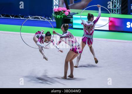 Turin, Italien. Mai 2025. Das italienische Team wurde während des Rhythmic Gymnastics FGI Final Six 2025 in Palasport Gianni Asti (ex Ruffini) gesehen. Quelle: SOPA Images Limited/Alamy Live News Stockfoto