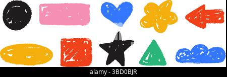 Buntes handgezeichnetes Buntstift-Design-Set. Bunte Holzkohle-Kollektion mit geometrischen Doodles. Kindliche Skizzenwolke, Pfeil, Stern, Herzelemente. Vector Pastellstift Textur Form Pack für Aufkleber, Patch, Abzeichen Stock Vektor