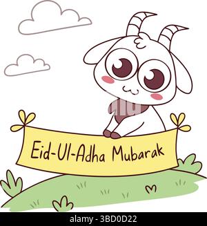 Lustige Grußkarte mit Cartoon-Charakter-Eid ul Adha mit niedlichen Tier- und Wolkenelementen Stock Vektor