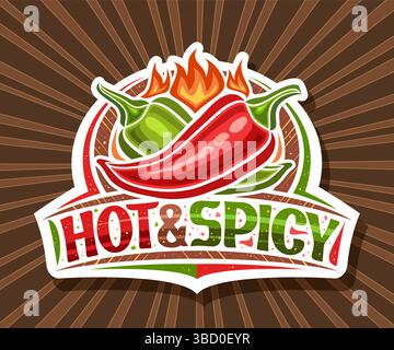 Vektor-Logo für heiß und würzig, horizontales Poster mit zwei Zeichentrickdesign brennende heiße Paprika, dekorative geschliffene Papierschild mit einzigartigem Schriftzug fo Stock Vektor