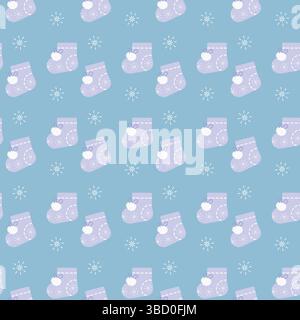 Gemütliche Stiefeletten mit Schneeflocken-Dekor und Buboes nahtloses Muster in trendigem Lavendel auf blauem Hintergrund. Isolierte Vektor-Illustration Thematische Karten Nest Party Hintergrund Wrapping oder Promo Banner, Faltblatt Stock Vektor