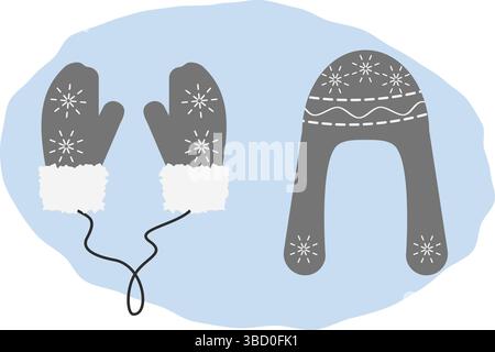 Warmer Hut und Fäustlinge am Seil mit Schneeflocken-Verzierung im grauen Piktogramm-Set für Winterkleidung. Isolierte Vektor-Illustration Grußkarte, Posting oder Promo-Banner, Faltblatt, Preis, Etikett Stock Vektor