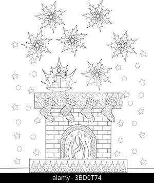 Line Art Illustration einer Weihnachtskaminszene mit hängenden Strümpfen, beleuchteten Kerzen, einem Feuer im Herd und fallenden Schneeflocken und Sternen, perfekt Stock Vektor