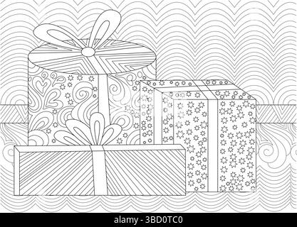 Schwarz-weiße Strichgrafik-Illustration, geeignet zum Färben, mit mehreren gestapelten Weihnachtsgeschenkboxen, die mit verschiedenen komplizierten Mustern verziert sind l Stock Vektor
