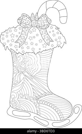 Schwarz-weiße Strichgrafik-Illustration eines festlichen Weihnachtsstrumpfes, der mit komplizierten Mustern, einer Schleife und einem Zuckerrohr auf einem Schlittschuh dekoriert ist Stock Vektor