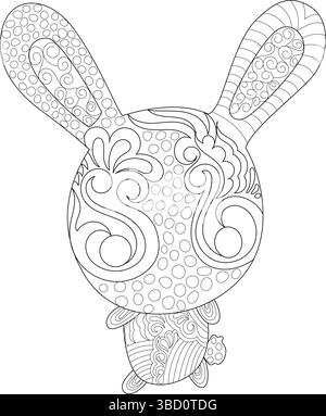Detaillierte schwarz-weiße Strichgrafik-Illustration eines entzückenden Häschen im Chibi-Stil oder Kaninchens mit komplizierten Mustern, geeignet als Malseite Stock Vektor