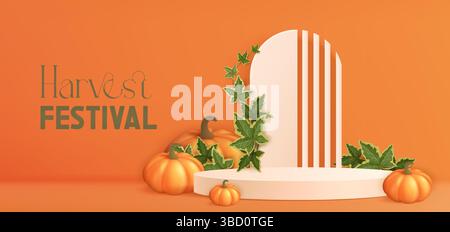 Erntefestival Podiumsszene mit Kürbissen, Efeublättern auf warmem orange Hintergrund. Minimale Herbstsaison, weiße 3D-Plattform mit dekorativem Bogen für Erntedankfest-Produktpräsentation. Stock Vektor