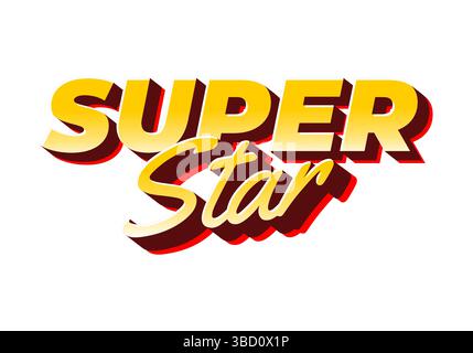 Superstar. Auffällige Großbuchstaben „SUPER“ kombiniert mit einem kursiven „Stern“, beide in gelbem Verlauf mit dynamischen roten und braunen 3D-Schatten auf weißem Hintergrund Stock Vektor