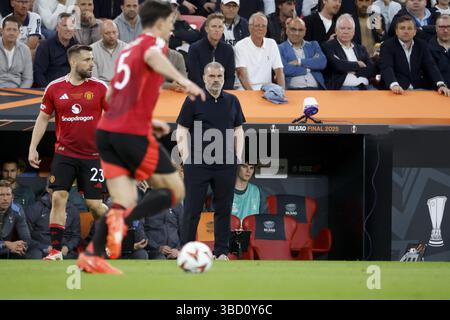 Trainer von Tottenham Hotspur Ange Postecoglou beim UEFA Europa League-Finale zwischen Tottenham Hotspur und Manchester United am 21. Mai 2025 im San Mames Stadium in Bilbao, Spanien Stockfoto