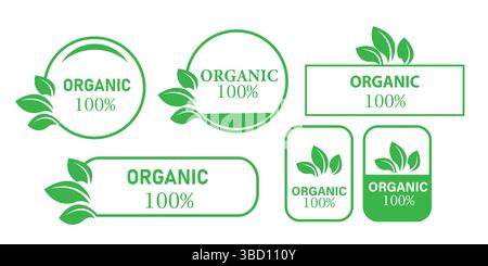 Satz minimalistischer 100 % Bio-Etiketten – Grüne Vektorabzeichen für Öko-Produkte Stock Vektor