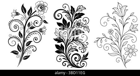 Elegante Floral Line Art Designs verzierte botanische Scrollwork Elemente Vintage Flourish Blume Trennblätter Dekorative schwarz-weiße Blumendekorationen Vect Stock Vektor