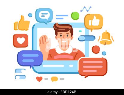 Influencer interagiert mit seinen Followern über soziale Medien. Marketing und Inhaltserstellung Stock Vektor