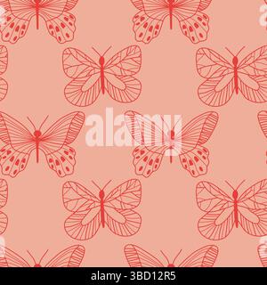 Nahtloses Muster minimalistischer roter Schmetterlinge auf rosa Hintergrund Stock Vektor