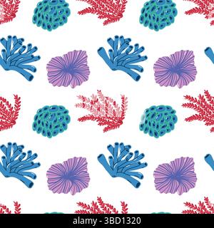 Nahtloses Muster von lebendigen Korallen- und Meeresleben-Illustrationen auf weißem Hintergrund Stock Vektor