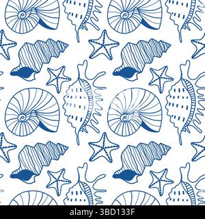 Nahtloses Muster mit blauen Nautischen Muscheln und Seestern-Design auf weißem Hintergrund Stock Vektor