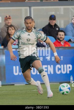 Ariel Lassiter #7 von Portland Timbers FC treibt den Ball im Achtelfinale des U.S. Open Cup zwischen Portland Timbers FC und San Jose Earthakes im PayPal Park nach vorne. Am 20. Mai 2025 in San Jose, Kalifornien. (Foto von Ismael Sanchez Garcia/Eyepix Group) Stockfoto