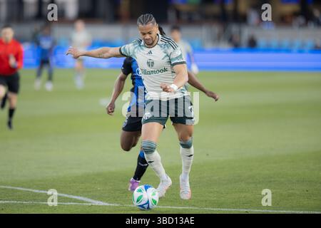 San Jose, Usa. Mai 2025. Ariel Lassiter #7 von Portland Timbers FC schießt den Ball im Achtelfinale des U.S. Open Cup zwischen Portland Timbers FC und San Jose Earthakes im PayPal Park. Am 20. Mai 2025 in San Jose, Kalifornien. (Foto von Ismael Sanchez Garcia/ Credit: Eyepix Group/Alamy Live News Stockfoto