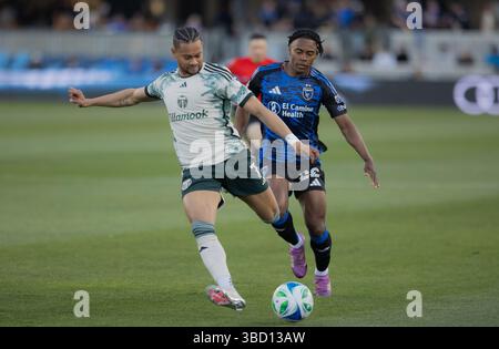 San Jose, Usa. Mai 2025. Ariel Lassiter #7 von Portland Timbers FC schießt den Ball im Achtelfinale des U.S. Open Cup zwischen Portland Timbers FC und San Jose Earthakes im PayPal Park. Am 20. Mai 2025 in San Jose, Kalifornien. (Foto von Ismael Sanchez Garcia/ Credit: Eyepix Group/Alamy Live News Stockfoto