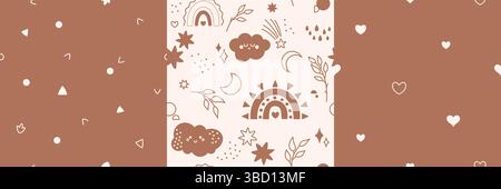 Geschlechtsneutrale, nahtlose Muster, die Bilder mit Kawaii-Wolken und Regenbogen-Mondherzen wiederholen. Stock Vektor