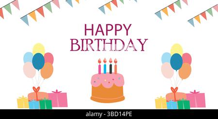 Geburtstagsbanner mit Luftballons, Kuchen, Geschenken und Bunte Stock Vektor
