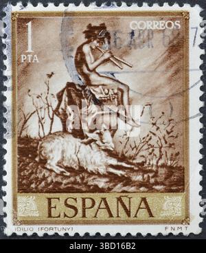 Gestempelte Briefmarke, gedruckt von Spanien, die 'Idyll' (1857) zeigt, Briefmarkentag 1968: Mariano Fortuny Commemoration, um 1968. Stockfoto