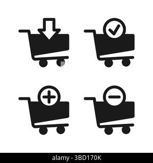 Einkaufswagen-Symbole für E-Commerce. Online-Kaufkonzept. Einkaufswagen mit Pfeil, Häkchen, Plus- und Minuszeichen. Warenkorb zur Kasse. Stock Vektor