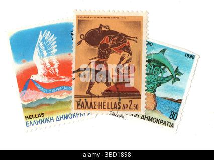 Vintage-Briefmarken aus Griechenland, isoliert auf weißem Hintergrund. Stockfoto