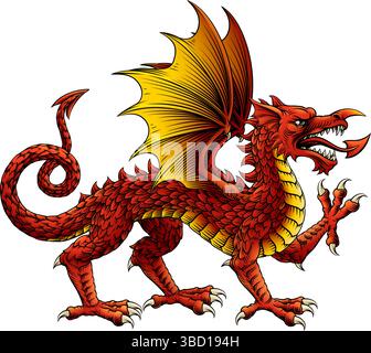 Heraldisches Drachen Walisisches Wappenwappen Heraldik-Tier Stock Vektor
