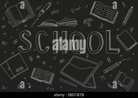 Handgezeichnete Illustration für die Schulzeit. Skizzieren Sie Schulobjekte auf einer Tafel. Schwarz-weiße Kreidezeichnung mit dem Wort „Schule“, Notizbuch, Tablet. Stock Vektor