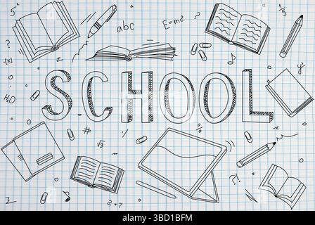 Handgezeichnete Illustration für die Schulzeit. Schulobjekte auf einer Notizseite skizzieren. Schulschild. Schwarz-weiße Schreibstiftzeichnung eines Schulwortes, Notizbuch Stock Vektor