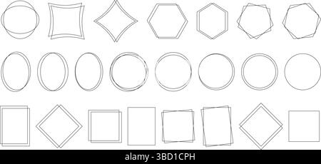 Satz einfacher geometrischer Rahmen mit verschiedenen Formen. Dünne Linie Quadrat, Rechteck, Kreis, Oval, Raute. Einfarbige Grundrahmenformen für Design Stock Vektor