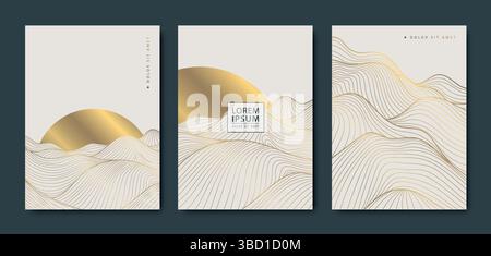 Vektorset von japanischen Stil Sonnenuntergang Abdeckungen, abstrakte Wellen und Sonne abstrakte Linie goldene Muster. Natur Meer chinesische Plakate, Vintage asiatisch Stock Vektor