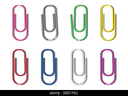 Büroklammern isoliert auf weißem Hintergrund. Ein Satz farbiger Büroklammern. Bunte 3D-Clips mit Schatten. Bearbeitbare Kontur. Stock Vektor