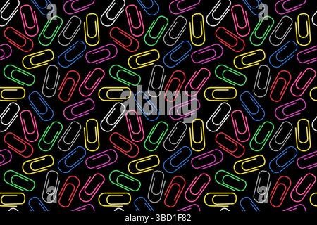 Nahtloses Muster von 3D-Büroklammern. Farbenfrohe, helle Clips im Hintergrund. Farbige Büroklammer, schwarzer Hintergrund. Geschäftlicher oder schulischer Hintergrund. Stock Vektor