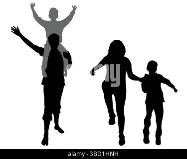 Silhouette einer großen Familie oder Gruppe mit Kindern und Hund Stock Vektor