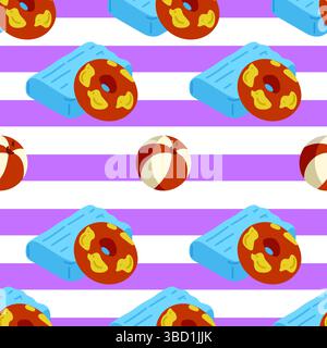 Nahtloses Muster mit aufblasbarem Poolspielzeug einschließlich Donutringen, Strandbällen und Luftmatratzen. Flaches Cartoon-Design auf gestreiftem violett-weißem Rücken Stock Vektor