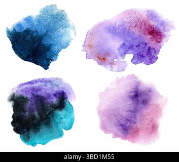 Aquarellfarben Violett und Türkis abstrakte Flecken Set, künstlerische Aquarellflecken Stockfoto