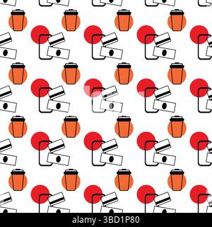 Signiere das Smartphone mit Karte und Banknote und Einwegbecher auf bunten Stellen nahtloses Muster. Isolierte Vektor-Illustration Lieferung oder Kaffeebar Werbebanner Hintergründe, Preisschilder, Etiketten Stock Vektor