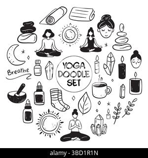 Sammlung von Yoga-, Relax- und Meditationskritzeleien mit Posen und Symbolen für Wellness-Enthusiasten Stock Vektor