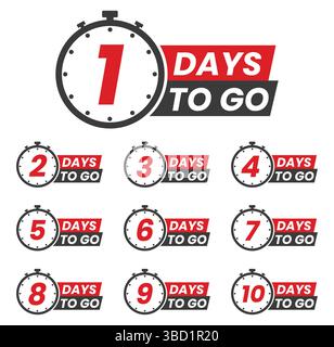 Countdown-Poster für Tage bis zum Gehen. Zählzeitanzeige mit allen Zahlen von Null bis neun. Verkaufs- oder Promotionuhr. Stock Vektor